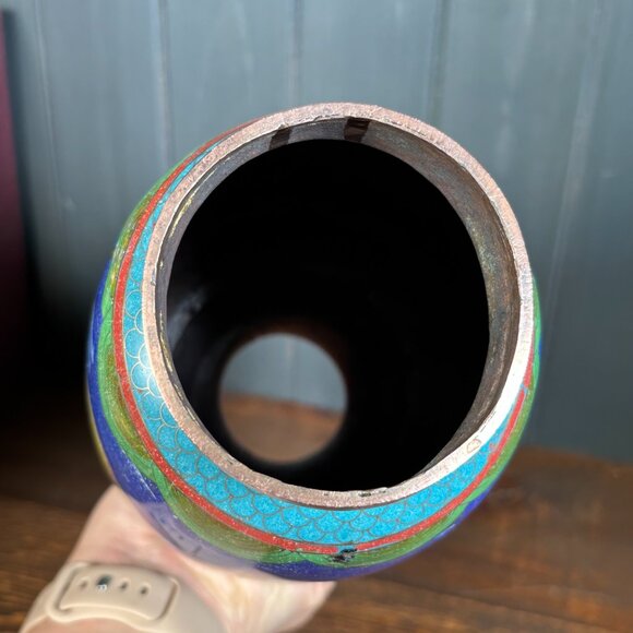 Large Vintage Cloisonne Dragon Vase 10" Copper Enamel Asian Decor Chinese Style - Picture 8 of 17